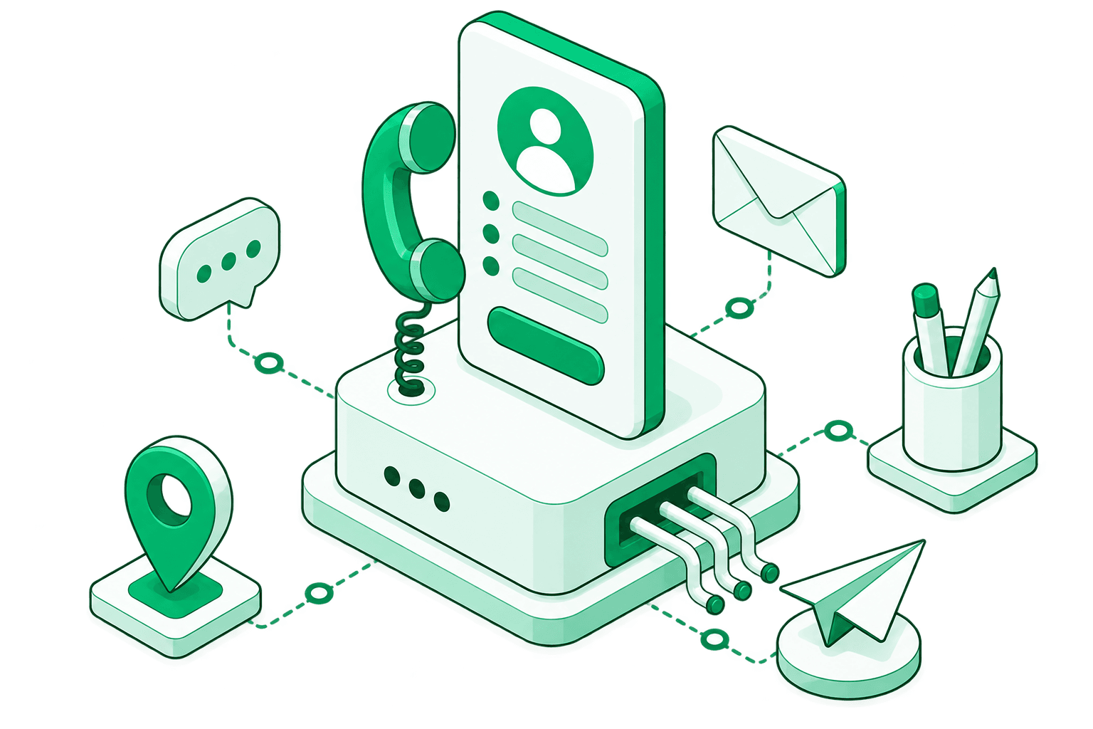 An isometric contact card on a hub, wired to a phone, message bubble, envelope, location pin and a sent paper plane.