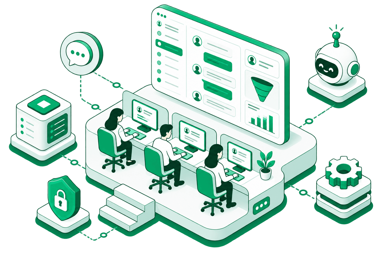 An isolated workspace: three agents at shared desks working the same live inbox, with bots and automations wired in around them.